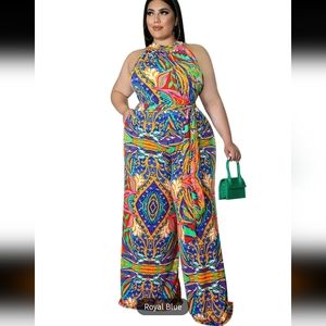 Plus Size Paisley Print Halter Neck Wide Leg Jumpsuit, 3X (18W)